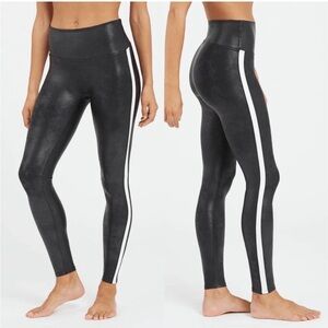 SPANX Faux Leather Black Leggings with White Side Stripe Size Medium NWT